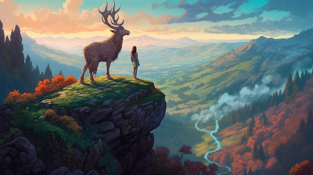 A painting of a deer and a woman standing on a cliff with the words'the name of the forest'on it