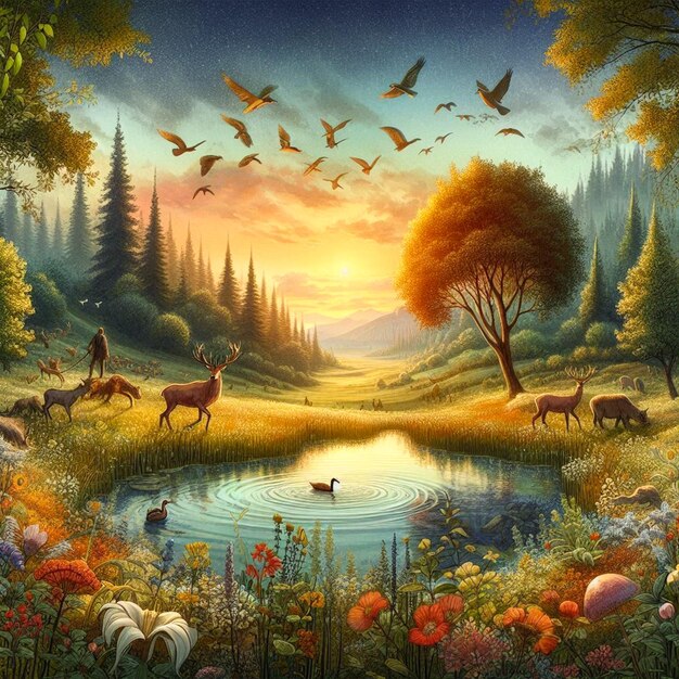 a painting of deers and deers in a forest with a pond and trees