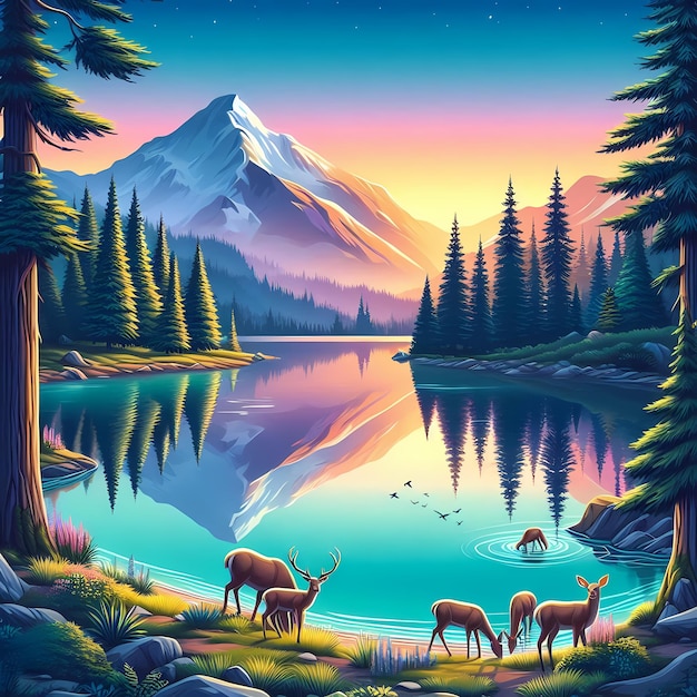 Painting of deers in the woods with mountains in the background