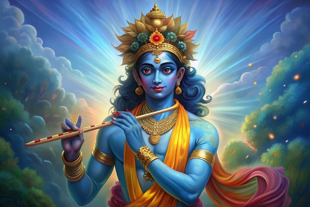 a painting of deity with a blue background with the words deity