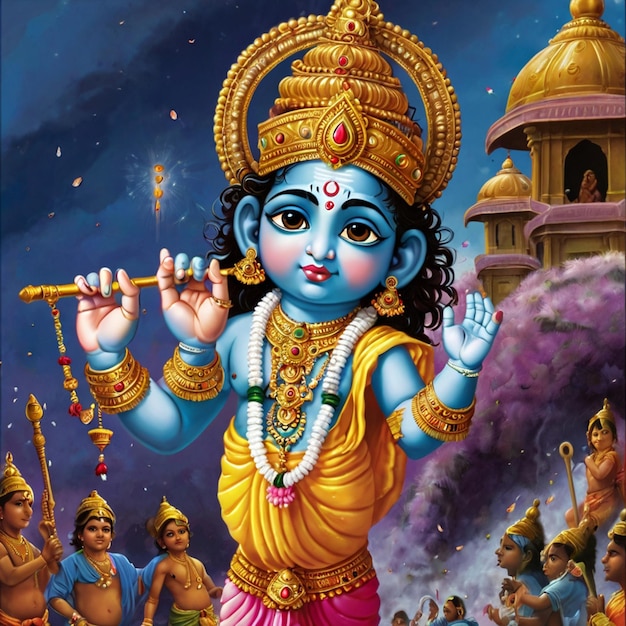 a painting of a deity with a blue and gold body and a gold ring