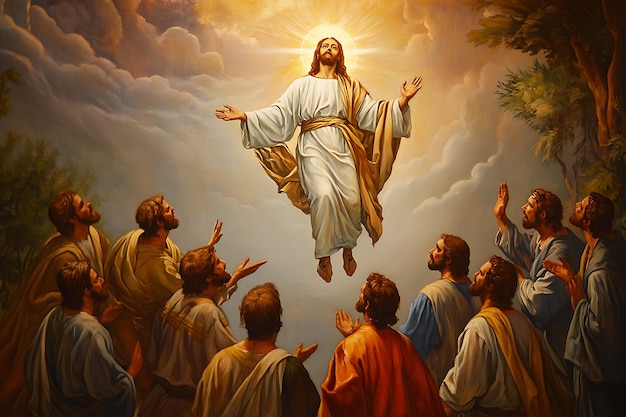 Painting depicting the Ascension of Jesus Christ with his disciples looking up at him