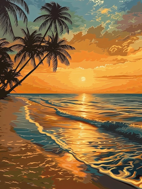 A painting depicting a beach at sunset with palm trees silhouetted against the sky Generative AI