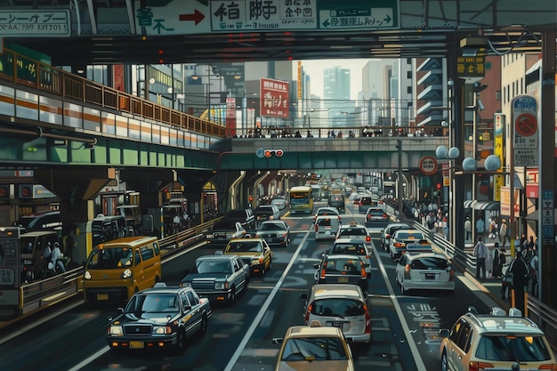 A painting depicting a bustling city street with heavy traffic and pedestrians moving around Represent the constant movement and flow of people and vehicles throughout Tokyo in your art