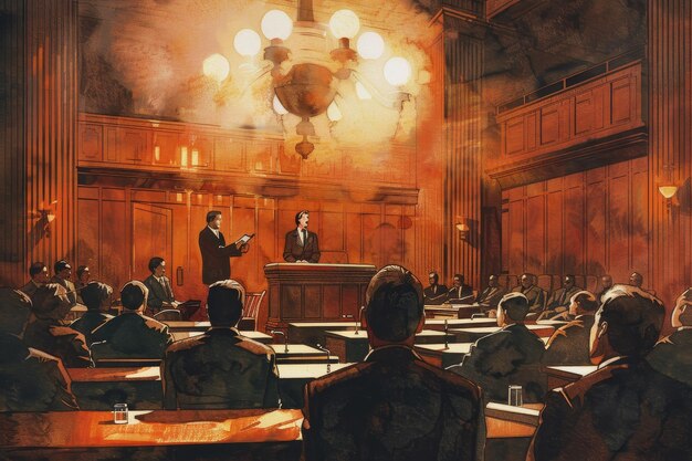 Photo a painting depicting a bustling courtroom scene with a lawyer delivering a closing argument to a diverse group of onlookers a lawyer in a courtroom delivering a closing argument