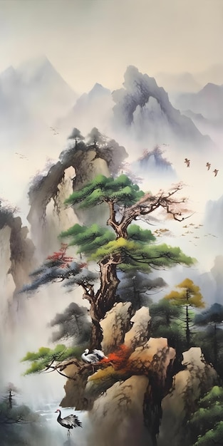 Painting depicting coniferous trees against background gray mountains AI generation