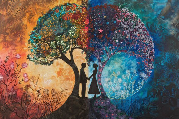 A painting depicting a couple standing underneath a tree symbolizing connection and growth Depicting the journey of growth and transformation within a marriage