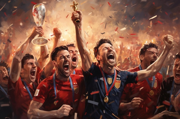 A painting depicting a group of soccer players proudly holding up their trophies in celebration A jubilant celebration of a team winning the World Cup final AI Generated