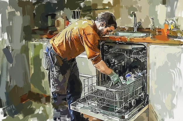 Photo a painting depicting a man fixing a dishwasher an artistic interpretation of a handyman cleaning the filters in a dishwasher