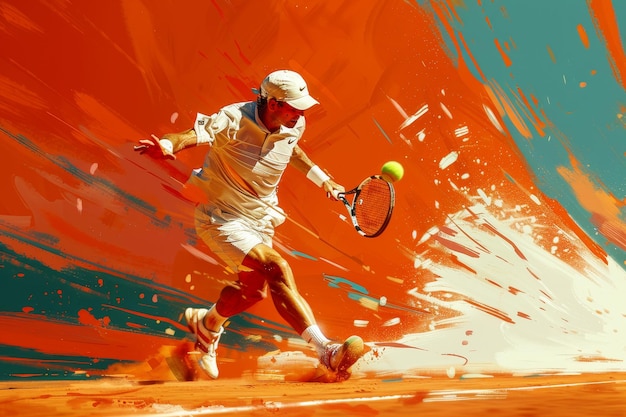 A painting depicting a man hitting a tennis ball with a racquet in a dynamic and energetic moment A dynamic composition capturing the energy of a tennis rally