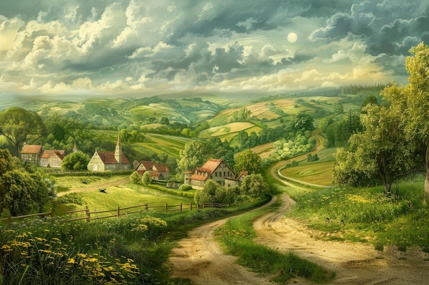 A painting depicting a rural landscape with hills and a dirt road A picturesque scene of rolling hills and quaint village buildings in the background