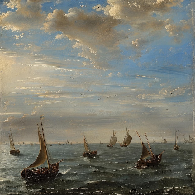 Photo a painting depicting a seascape with a fleet of sailing boats on the water