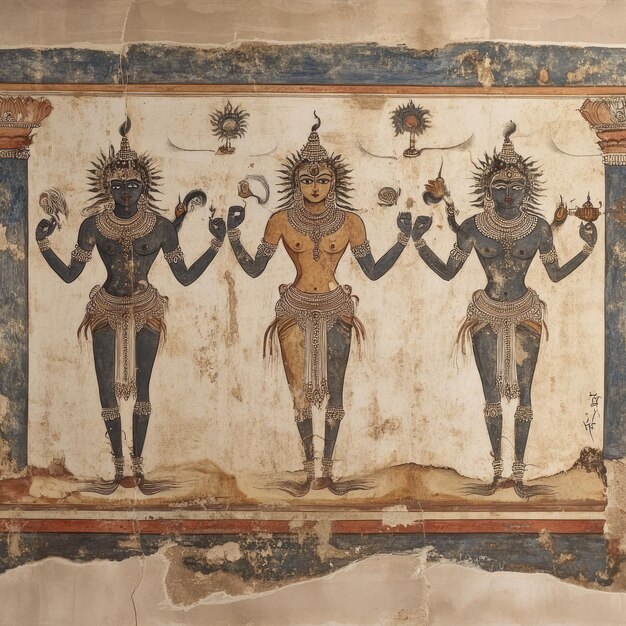 Photo a painting depicting three female deities with ornate headdresses and jewelry holding various objects in their hands against a faded background