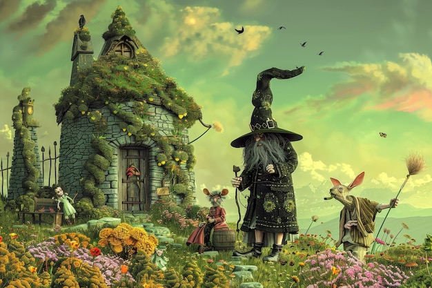 Photo a painting depicting a wizard and druid standing in front of a house embodying irish folklore characters a whimsical scene of irish folklore characters