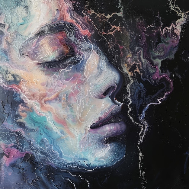 A painting depicting a woman with her eyes closed showcasing a sense of introspection and relaxation Creating abstract interpretations of the hair removal process