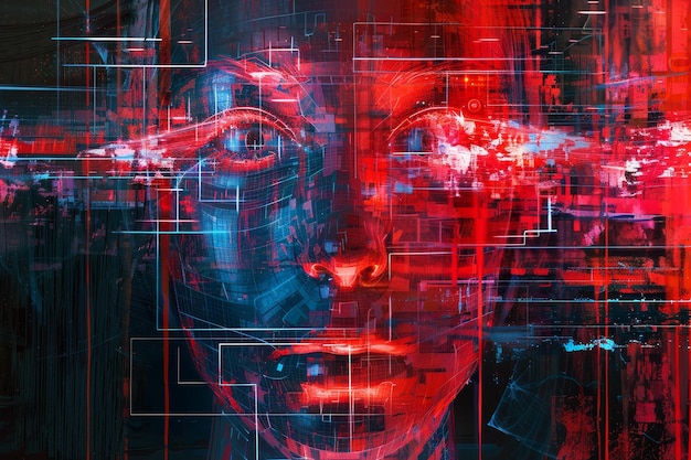 Photo a painting depicting a womans face with bold red and blue lines creating an abstract and modern look an ai art generator creating visual representations of cybersecurity concepts