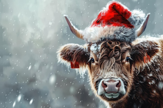 A painting depicts a cute fluffy cow donning a Santa hat in a snowy landscape adding a touch of fe