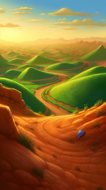 A painting of a desert landscape with a green hill and a blue object in the foreground.