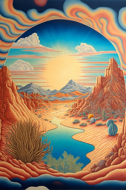 Painting of a desert scene with a body of water generative ai