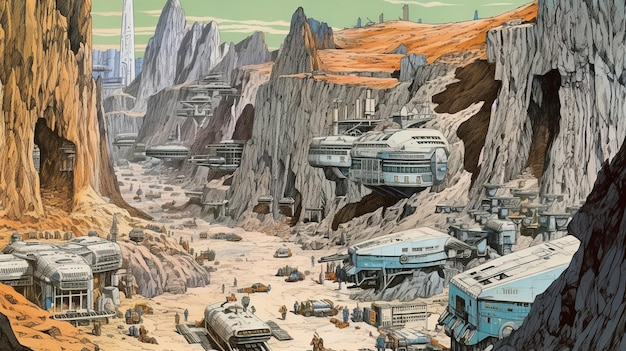 A painting of a desert scene with a large number of vehicles and a large number of vehicles.