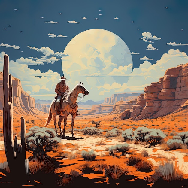 a painting of a desert scene with a man on a horse and a moon in the background