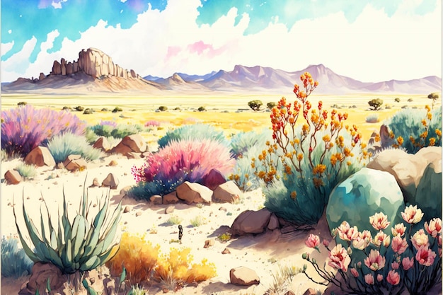 Painting of a desert scene with mountains in the background generative ai