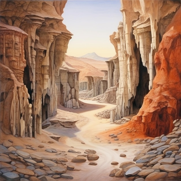 Painting of a desert scene with a narrow road in the middle generative ai