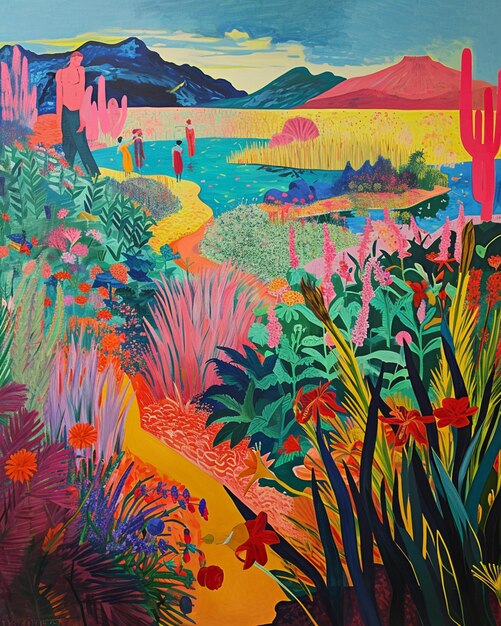 painting of a desert scene with a path through the flowers generative ai