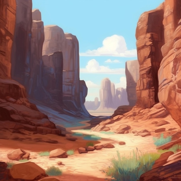 Painting of a desert scene with a river and rocks generative ai