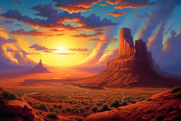 A painting of a desert scene with a sunset in the background.