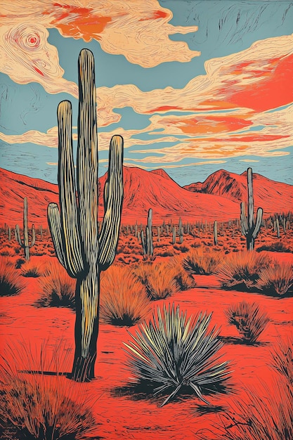 Painting of a desert with a cactus plant in the foreground