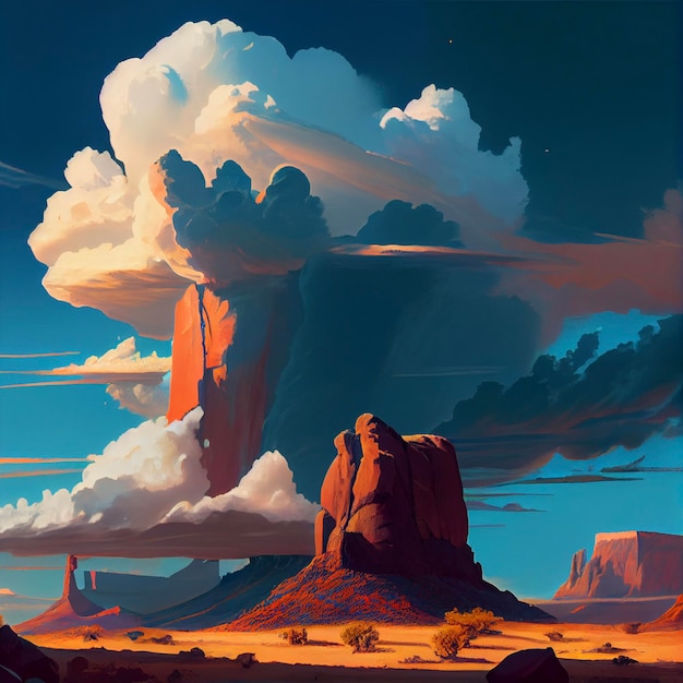 Painting of a desert with a large cloud in the sky generative ai