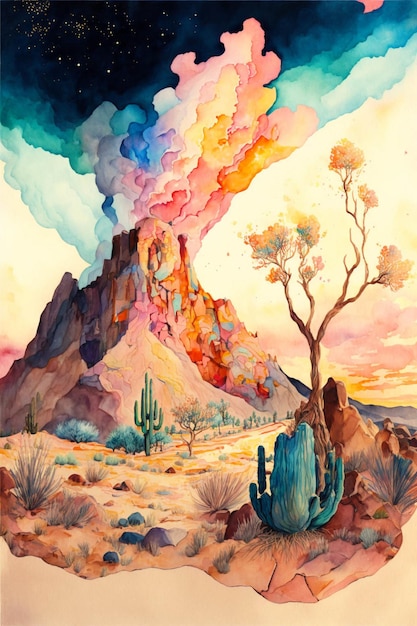 Painting of a desert with a mountain in the background generative ai