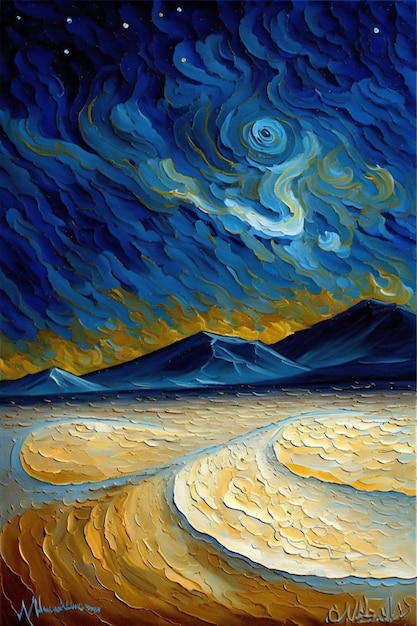 A painting of a desert with mountains in the background.