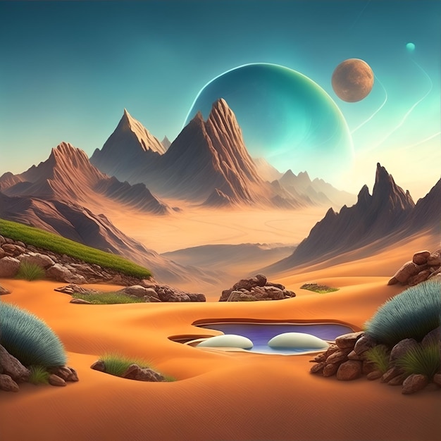 A painting of a desert with mountains and a lake in the middle.