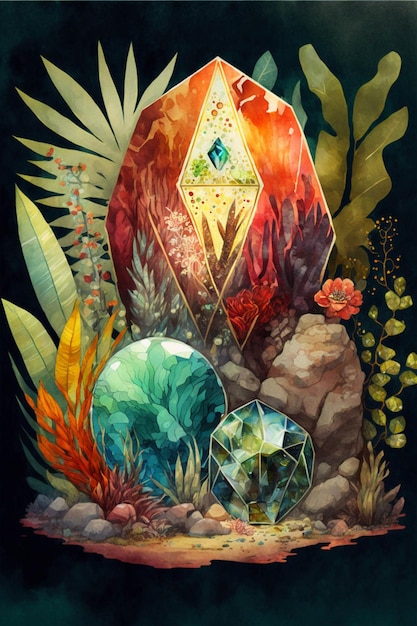 Painting of a diamond surrounded by plants and rocks generative ai