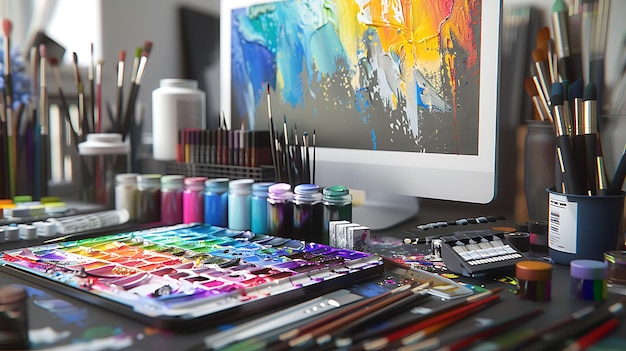 a painting of different colors sits on a desk