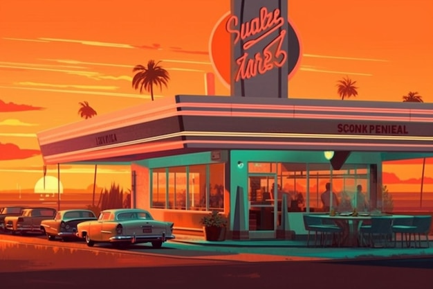 A painting of a diner with cars parked in front of it