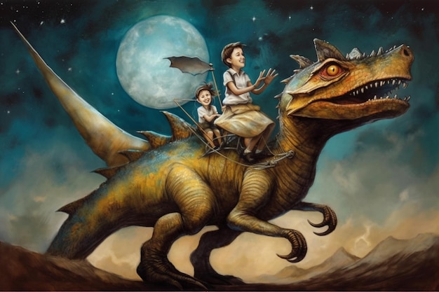 A painting of a dinosaur with a girl on it