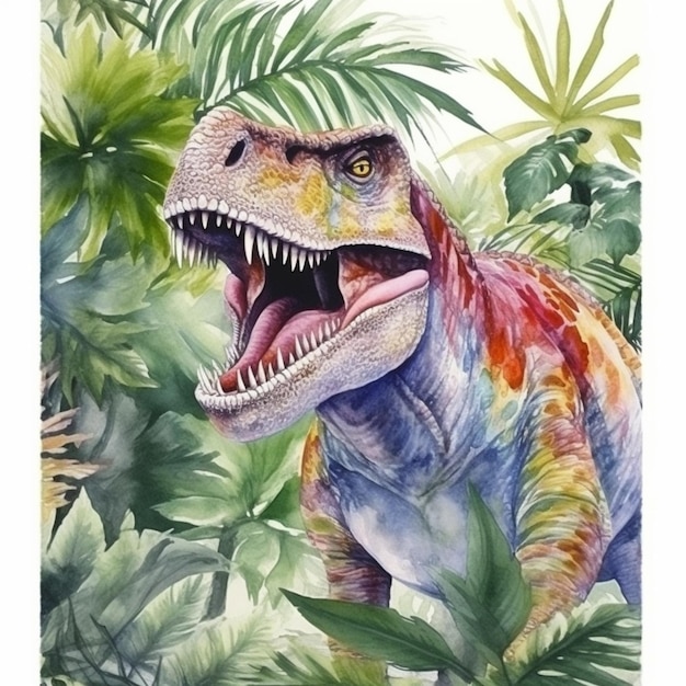 A painting of a dinosaur with its mouth open in the jungle generative ai