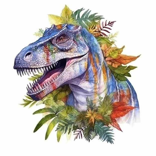 A painting of a dinosaur with leaves and leaves around it generative ai