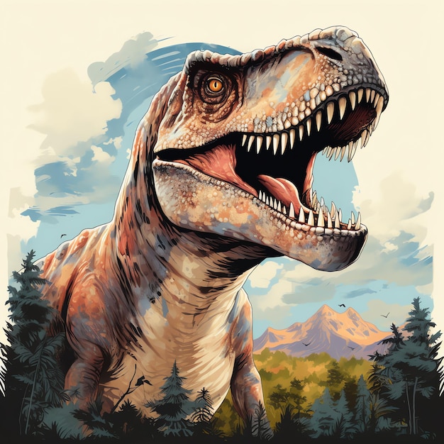 a painting of a dinosaur with a mountain in the background