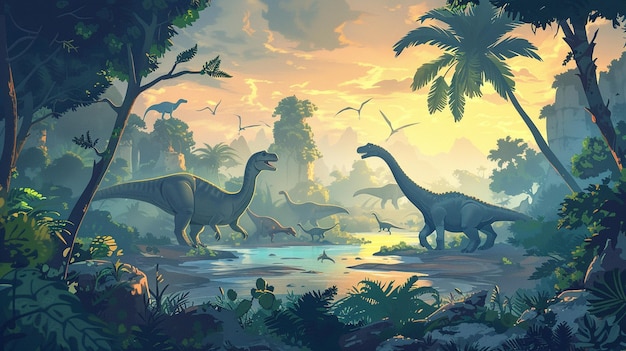 a painting of dinosaurs in a tropical forest with a sunset in the background