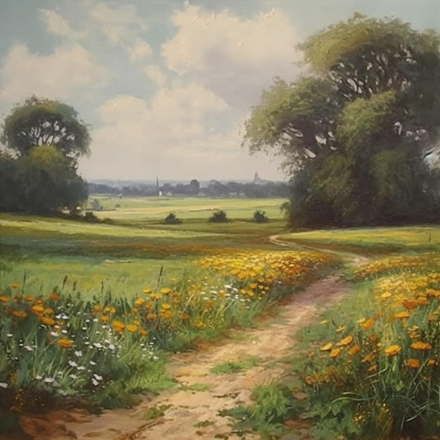 Painting of a dirt road in a field with yellow flowers generative ai