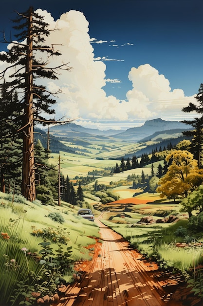 Painting of a dirt road in a green valley with trees generative ai