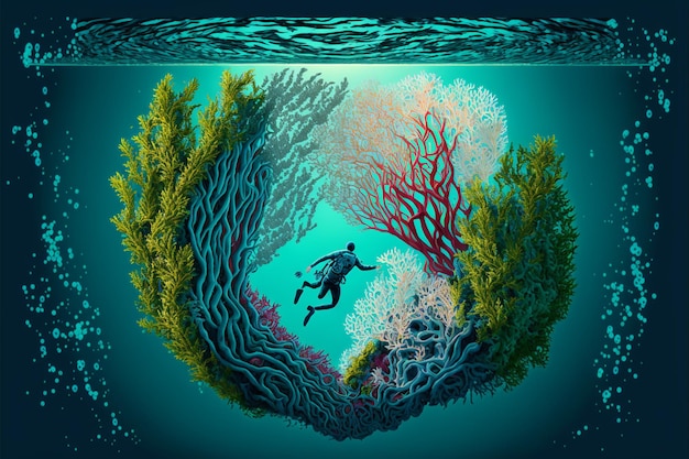 Photo a painting of a diver in a coral reef with a coral reef and a blue background.