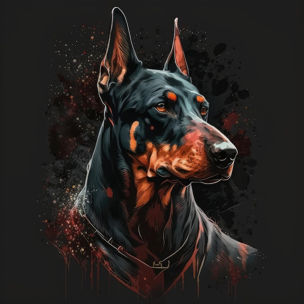 Photo a painting of a doberman dog with a black background and red spots.