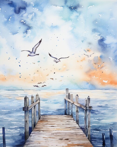 Photo painting of dock with flying birds