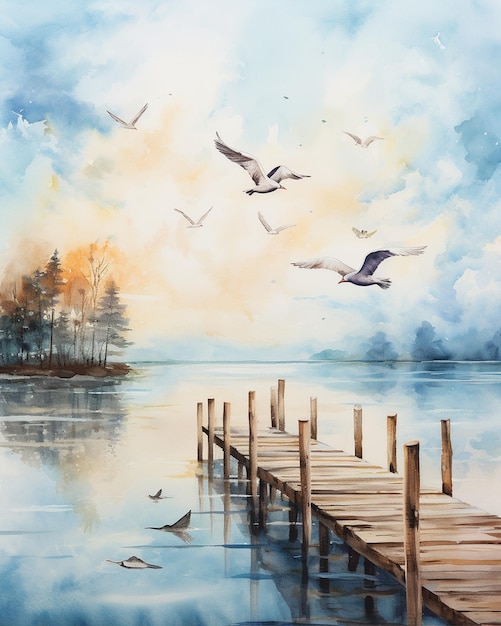 Photo painting of dock with flying birds