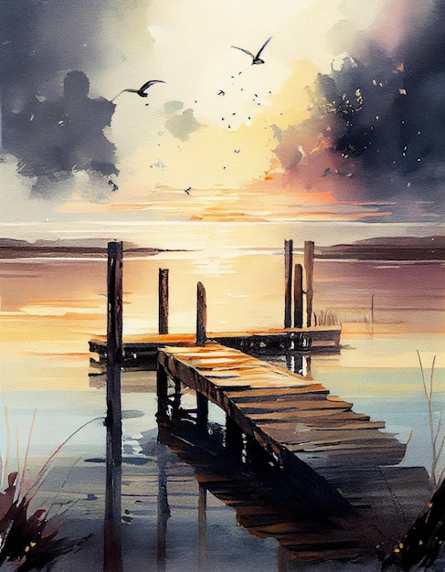 Photo a painting of a dock with a sunset in the background.